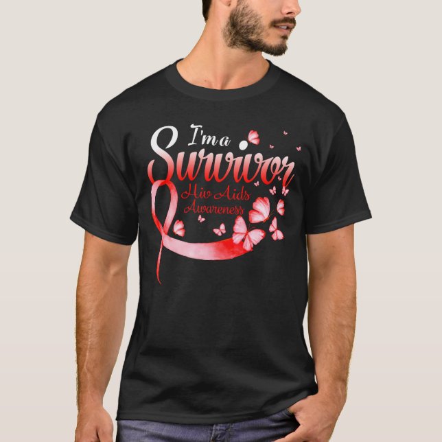 I'm A Survivor Hiv Aids Awareness Butterfly Ribbon T-Shirt (Front)