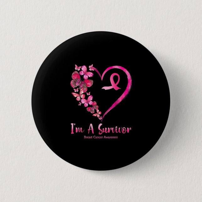 I'm A Survivor Pink Heart Butterflies Breast Cance Button (Front)