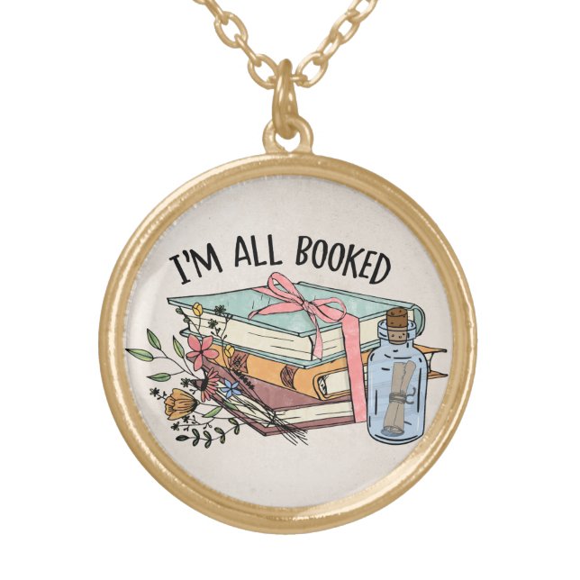 I'm all booked floral botanical sweet message gold plated necklace (Front)