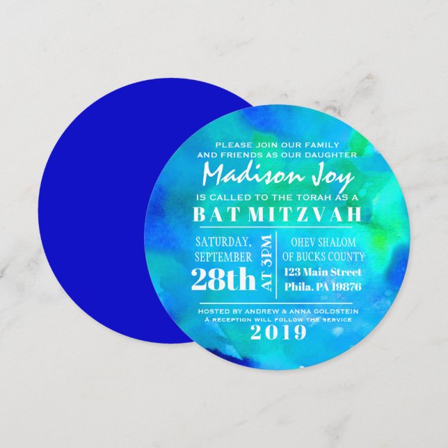 I'M AQUA WATERCOLOR Round Bat Mitzvah Invitation (Front/Back)