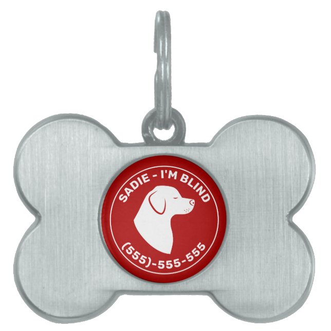 I'm Blind- Red And White Dog W/ Closed Eyes & Info Pet ID Tag (Front)