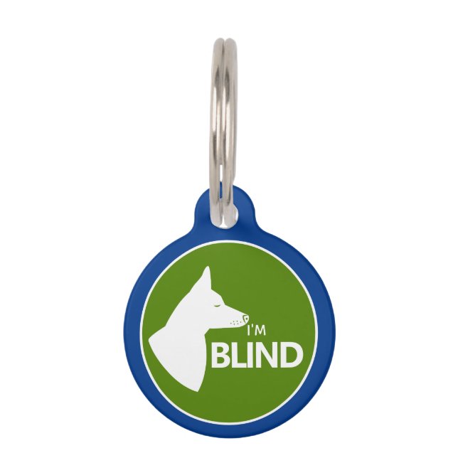 I'm Blind White Dog Pricked Ears On Green And Blue Pet ID Tag (Front)