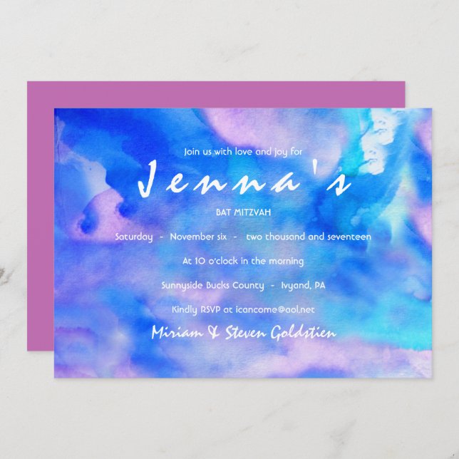 I'M BLUE WATERCOLOR  Bat Mitzvah Invitation (Front/Back)