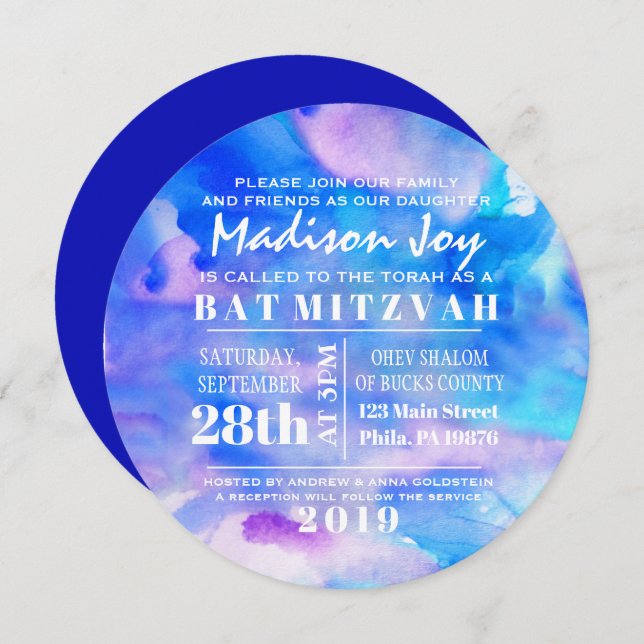 I'M BLUE WATERCOLOR  Bat Mitzvah Invitation (Front/Back)