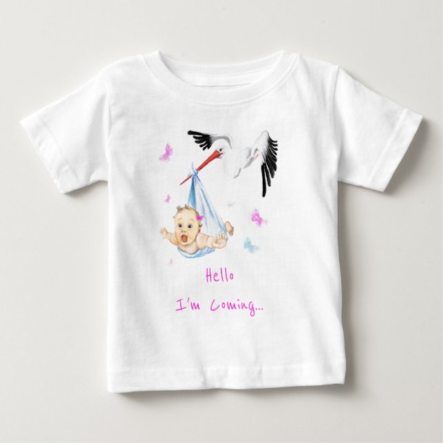 I'm Coming.. Stork Carrying Baby Fun Add Text/Name T-Shirt (Front)