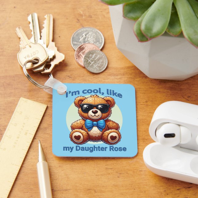 I'm Cool Teddy Bear with Blue Bow Customizable Keychain (Desk)