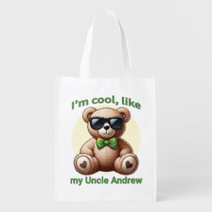 I'm Cool Teddy Bear with Green Bow Customizable Grocery Bag