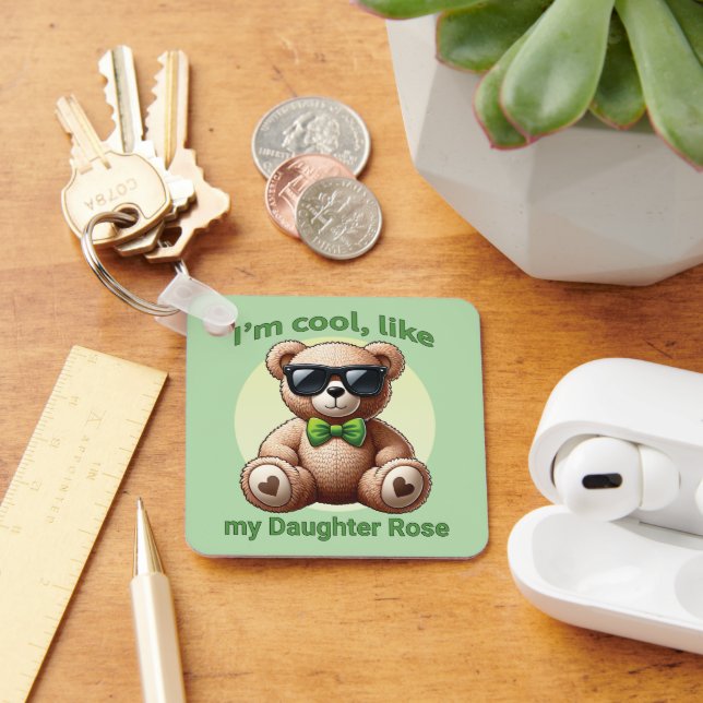 I'm Cool Teddy Bear with Green Bow Customizable Keychain (Desk)