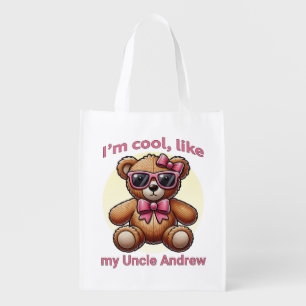 I'm Cool Teddy Bear with Pink Bow Customizable Grocery Bag