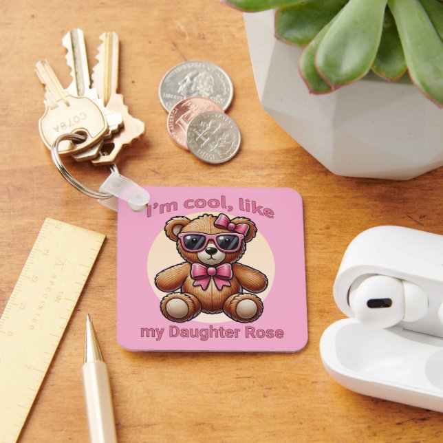 I'm Cool Teddy Bear with Pink Bow Customizable Keychain (Desk)
