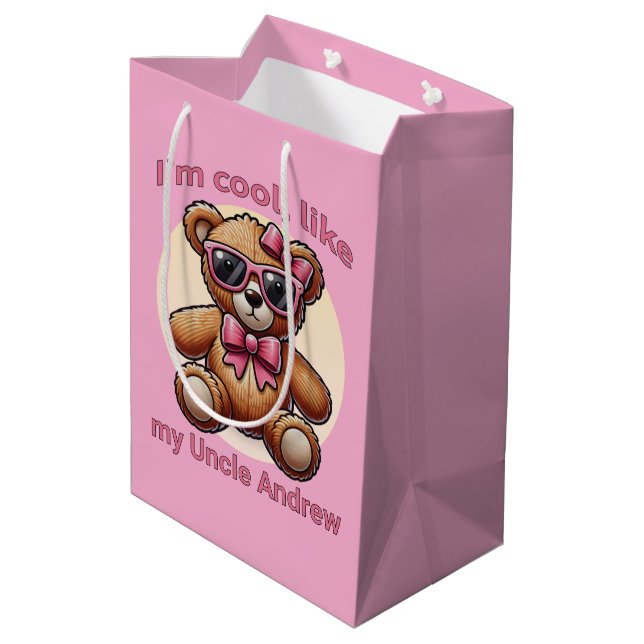 I'm Cool Teddy Bear with Pink Bow Customizable Medium Gift Bag (Back Angled)