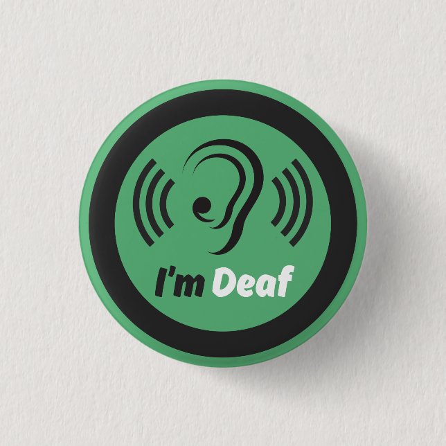 i'm deaf symbol -  simple ear with green & black button (Front)