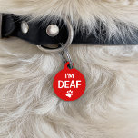 I'm Deaf Text With Custom Name And Number Pet ID Tag<br><div class="desc">White and red tag for deaf pets featuring a white paw print silhouette. On one side it reads: "I'm deaf" and on the other side there are customizable text areas for the name of the pet and for a phone number.</div>