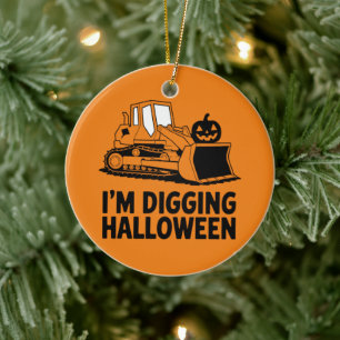 I'm Digging Halloween Pumpkin Face Tractor Kids Ceramic Ornament