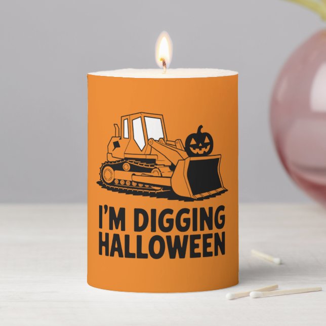I'm Digging Halloween Pumpkin Face Tractor Kids Pillar Candle (In Situ)