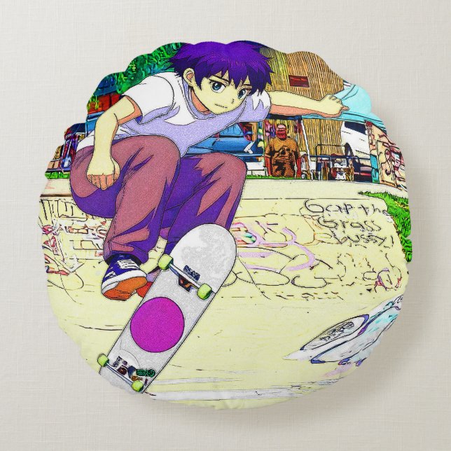 I'm Doing It - Young Skateboarder Round Pillow (Front)