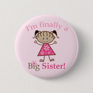 I'm Finally a Big Sister Ethnic Stick Figure Girl Pinback Button