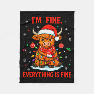 I'm Fine Everything Is Fine Christmas Highland Cow Fleece Blanket