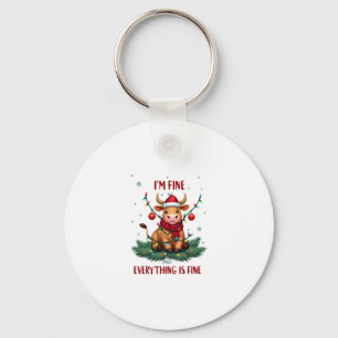 I'm Fine Everything is Fine Christmas Highland Cow Keychain