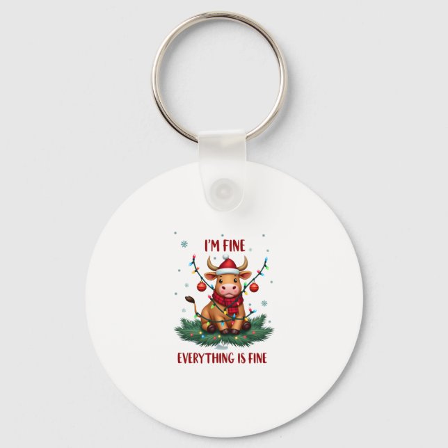 I'm Fine Everything is Fine Christmas Highland Cow Keychain (Front)