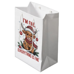 I'm Fine Everything is Fine Christmas Highland Cow Medium Gift Bag