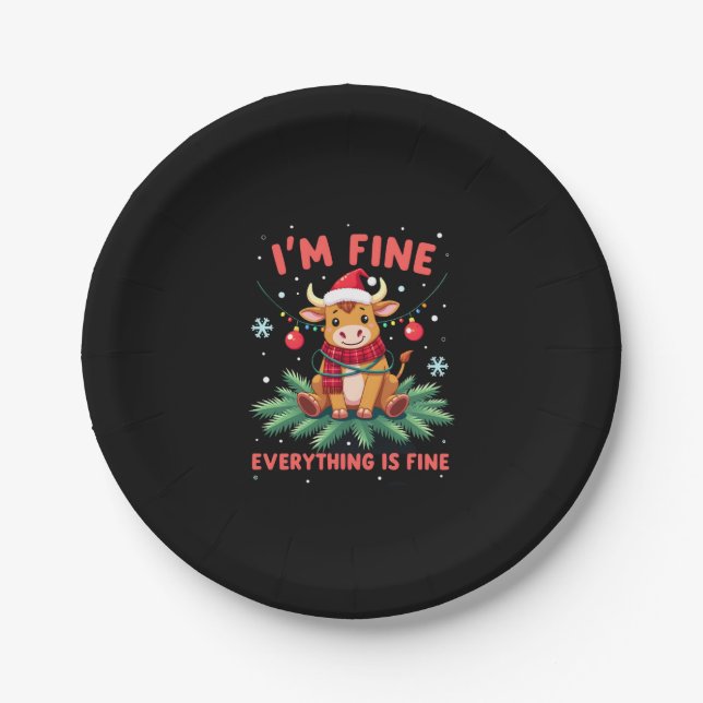I'm Fine Everything is Fine Christmas Highland Cow Paper Plates (Front)