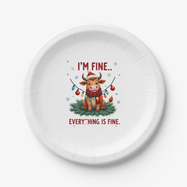 I'm Fine Everything is Fine Christmas Highland Cow Paper Plates (Front)