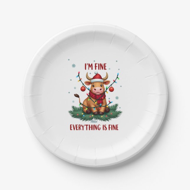 I'm Fine Everything is Fine Christmas Highland Cow Paper Plates (Front)