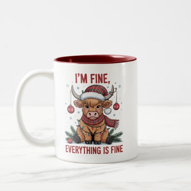 I'm Fine Everything is Fine Christmas Highland Cow Two-Tone Coffee Mug (Left)