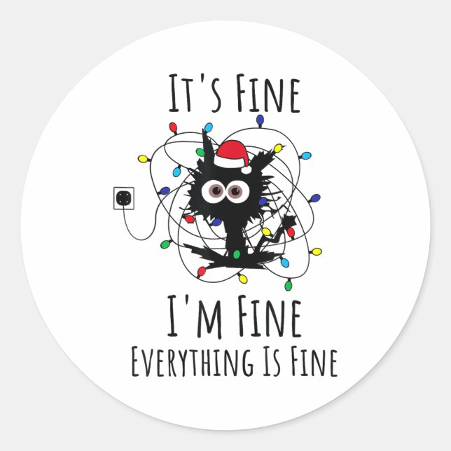 I'm Fine Everything Is Fine Cute Cat Christmas Lig Classic Round Sticker (Front)