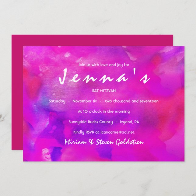 I'M FUSHIA WATERCOLOR  Bat Mitzvah Invitation (Front/Back)