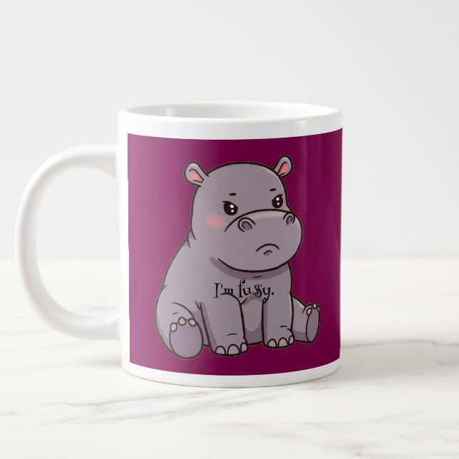 "I'm fussy." Cartoon, Cute Pouting Hippo Giant Coffee Mug (Left)