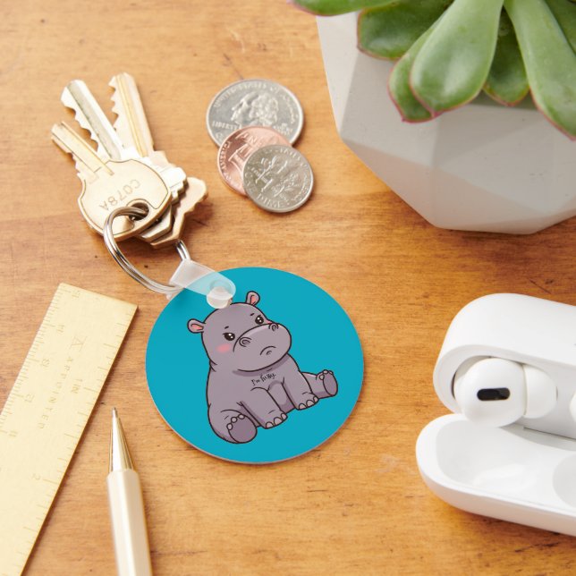 "I'm fussy." Cartoon, Cute Pouting Hippo Keychain (Desk)
