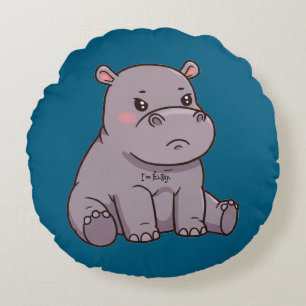 "I'm fussy." Cartoon, Cute Pouting Hippo Round Pillow