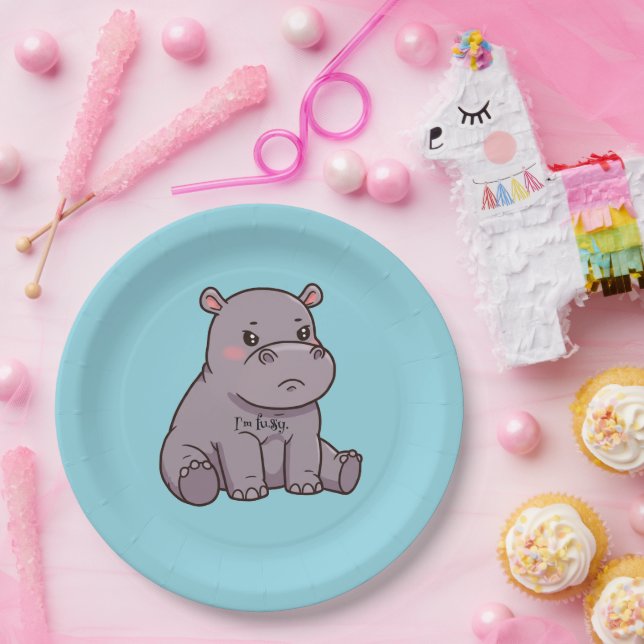 "I'm fussy." Cute, Cartoon Hippo, Pouting Paper Plates (Party)