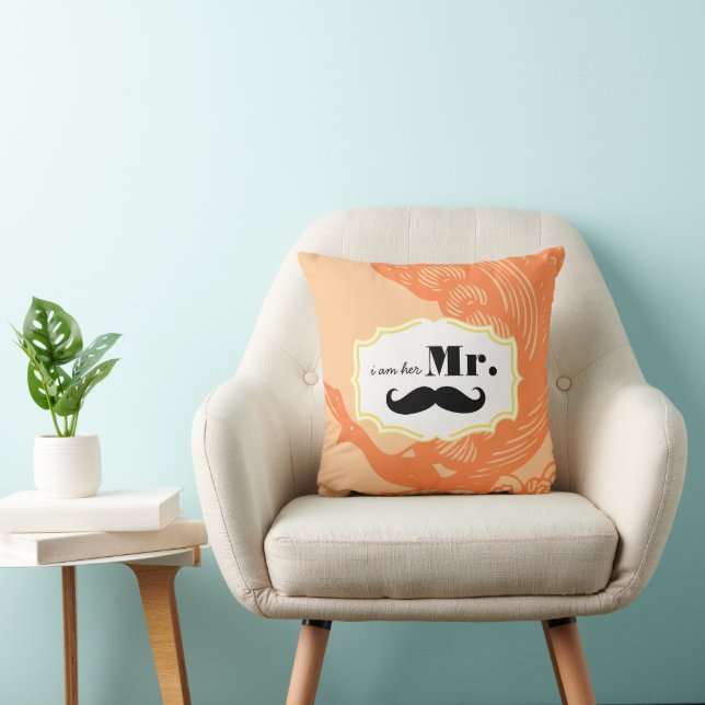 I'm Her Mr. Mustache Peach Peacock Pillow (Chair)