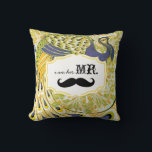 I'm Her Mr. Yellow Purple Mustache Peacock Pillow<br><div class="desc">Bistro Style Aesthetic Moustache Lemon Zest and Purple Lavender Vintage Floral Country Chic Swirly Peacock I am Her Mr. You can Personalize this Beautiful Elegant Vintage Elements Purple, Yellow Green and Black Peacock Pillow to say anything you like or use the existing Mr. for the Groom/Husband or Buy two one...</div>