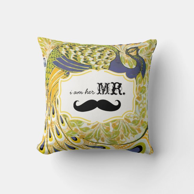 I'm Her Mr. Yellow Purple Mustache Peacock Pillow (Front)