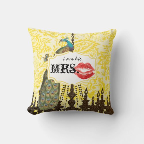 Im his Mrs Red Lips Vintage Peacock Chandelier Throw Pillow