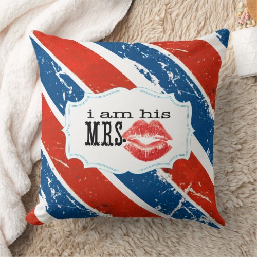 Im His Mrs Vintage Red White Blue Lips Throw Pillow