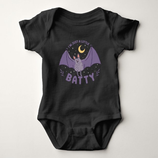 I'm Just A Little Batty Funny Halloween Bat Pun Baby Bodysuit (Front)