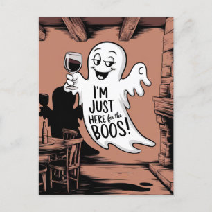 I'm Just Here For The Boos Funny Ghost With Wine Postcard