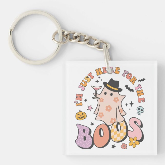 I'm just here for the Boos, Retro Groovy Halloween Keychain (Front)