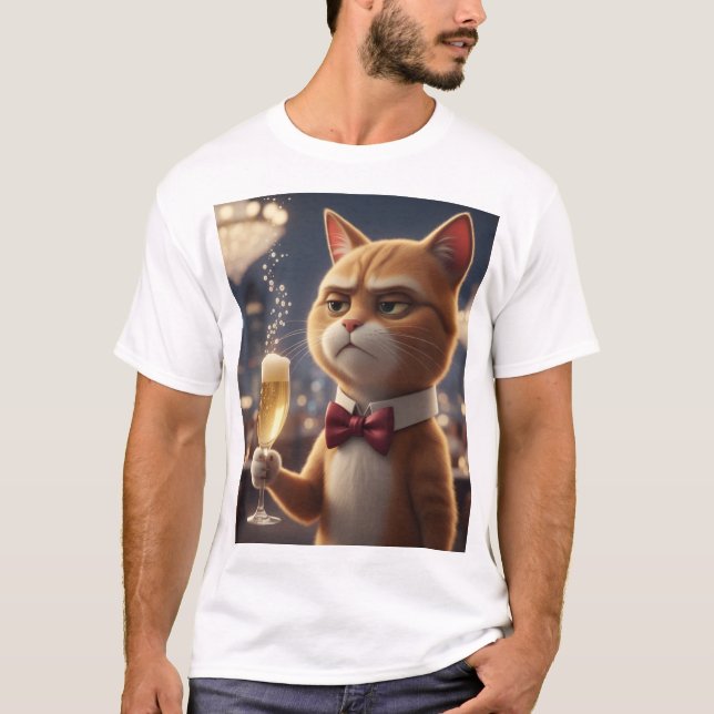 I'm Just Here for the Champagne – Grumpy Party Cat T-Shirt (Front)