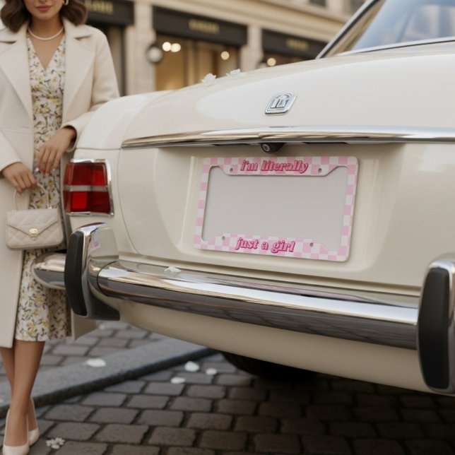 I'm Literally Just A Girl Soft Hot Pink Checkered License Plate Frame (I'm Literally Just A Girl Soft Hot Pink Checkered License Plate Frame)