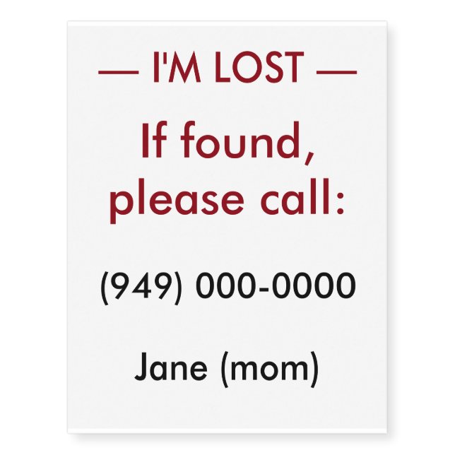 "I'm Lost" temporary tattoo for children (Front)