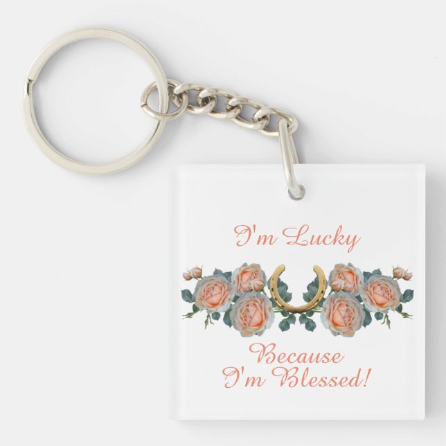 I'm Lucky Because I'm Blessed Quote Horseshoe Keychain (Front)