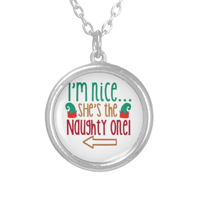 Im Nice Shes Naughty Elf Hat Silver Plated Necklace (Front)