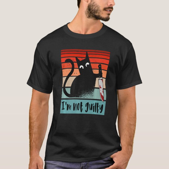 I'm not guilty Innocent Cat with knife  Halloween  T-Shirt (Front)