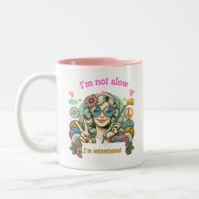 "I'm not slow, I'm intentional - Retro knitting hu Two-Tone Coffee Mug (Left)